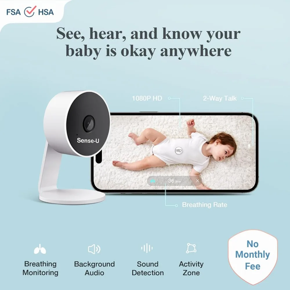 Sense-U AI Baby Camera Monitor with Sensor-Free Sleep Breathing Movement Detection, Smart Security Indoor Video Camera with Back