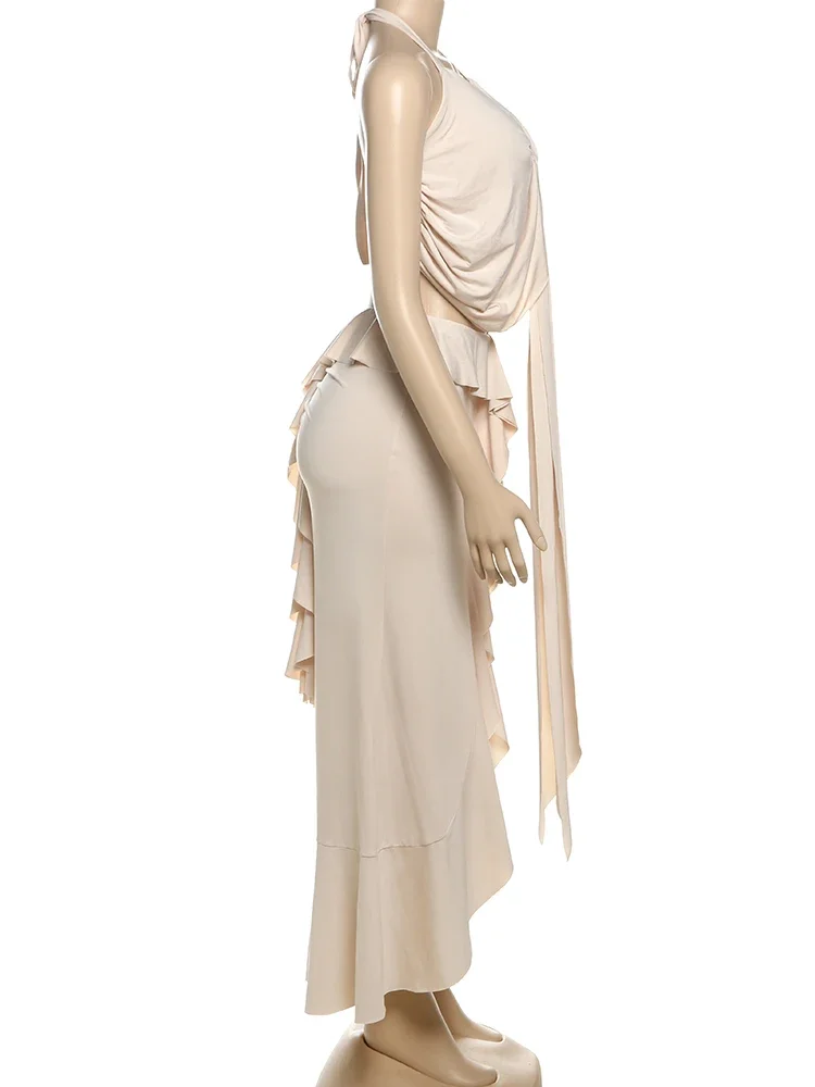 

Cutenew Women's Matching 2 Piece Set Summer Irregular Halter Bandage Ribbons Tanks+Ruffle Split Maxi Skirts Mujer Party Outfits
