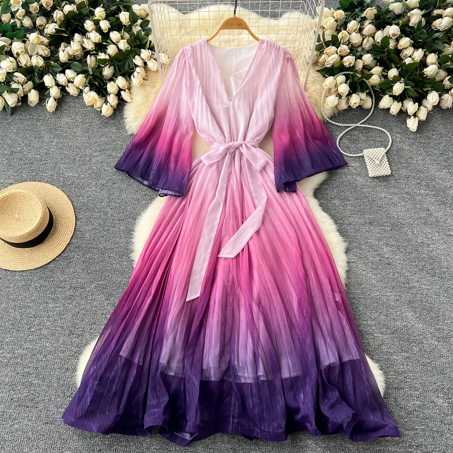 Elegant Long Flare Sleeve Vintage V-neck Chic Gradient Color Bandage Loose A-line Long Dress Evening High Street Autumn Clothing