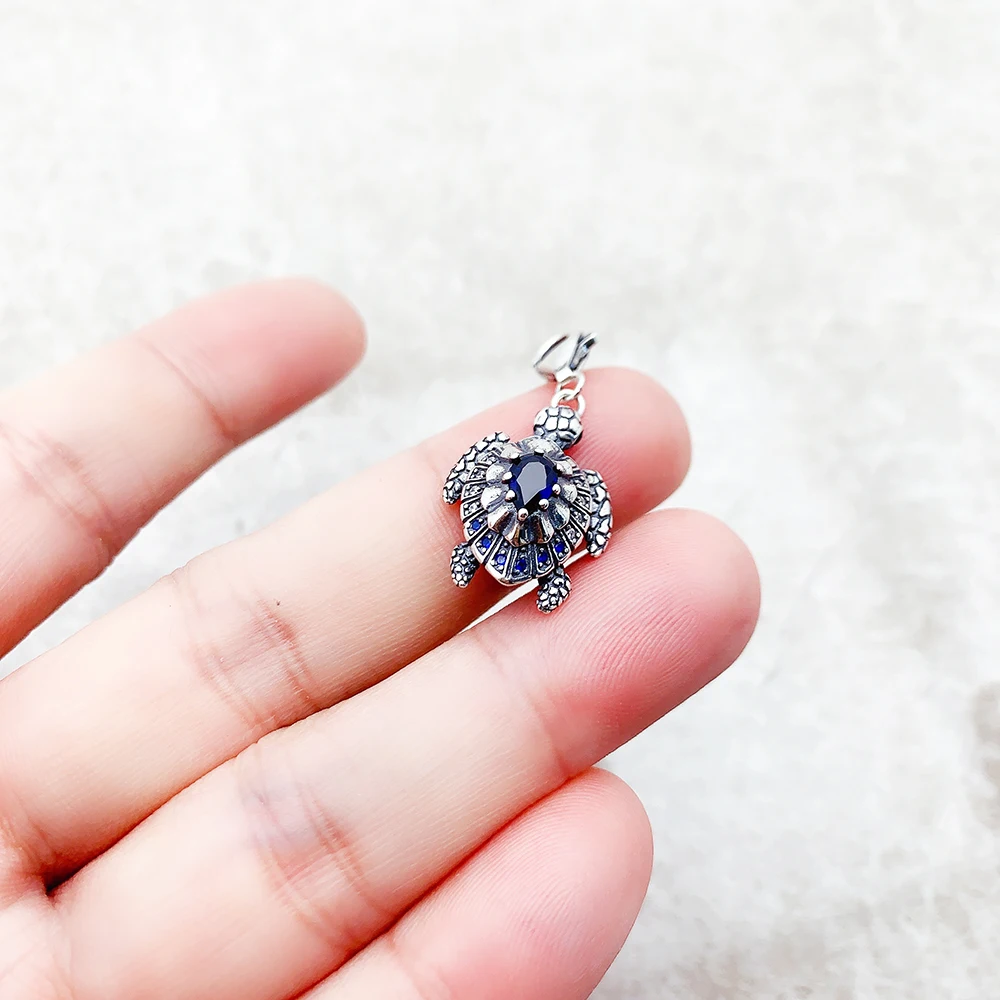 Charm Pendant Turtle With Blue Stones For Men Women Winter Real 925 Sterling Silver Special Lucky Gifts