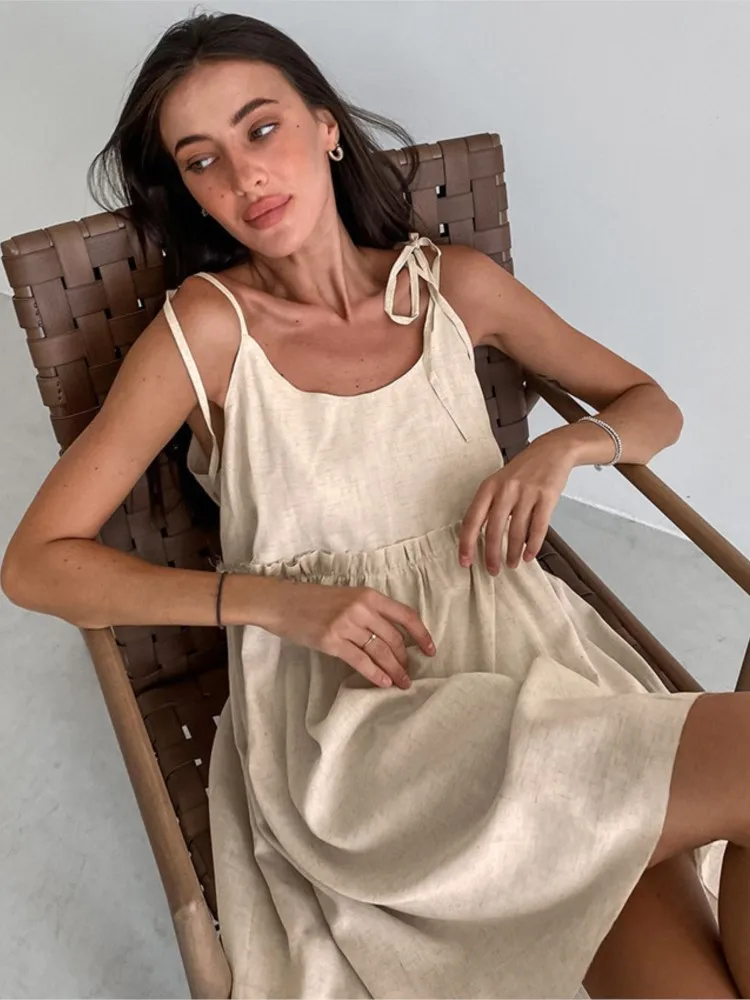 

Spring Summer Simple Backless Dress Cotton Suspender Dress Beach Style Women's Loose Soft Ruffled Edge A-line Suspender Dresses