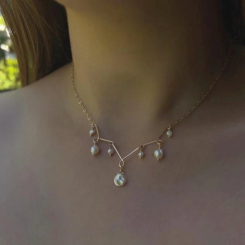 14K Gold Filled/925 Silver Natural Pearls Necklace Handmade Statement Bridal Choker Tarnish Resistant Jewelry Gifts for women