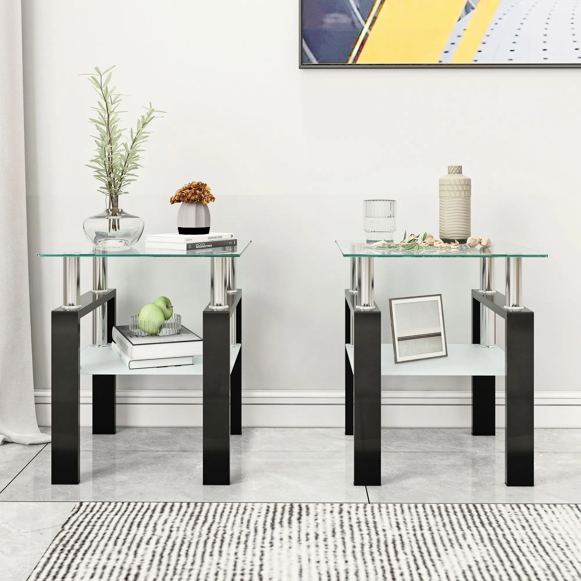 2-piece set, modern tempered glass coffee table, coffee table, coffee table, living room square table, transparent/black/white