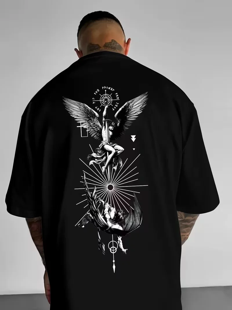 Men's Loose Fit Icarus Fall Graphic Print T-Shirt Artistic Wing Design - Perfect Retro Street Y2K Casual Fashion Tops Clothing