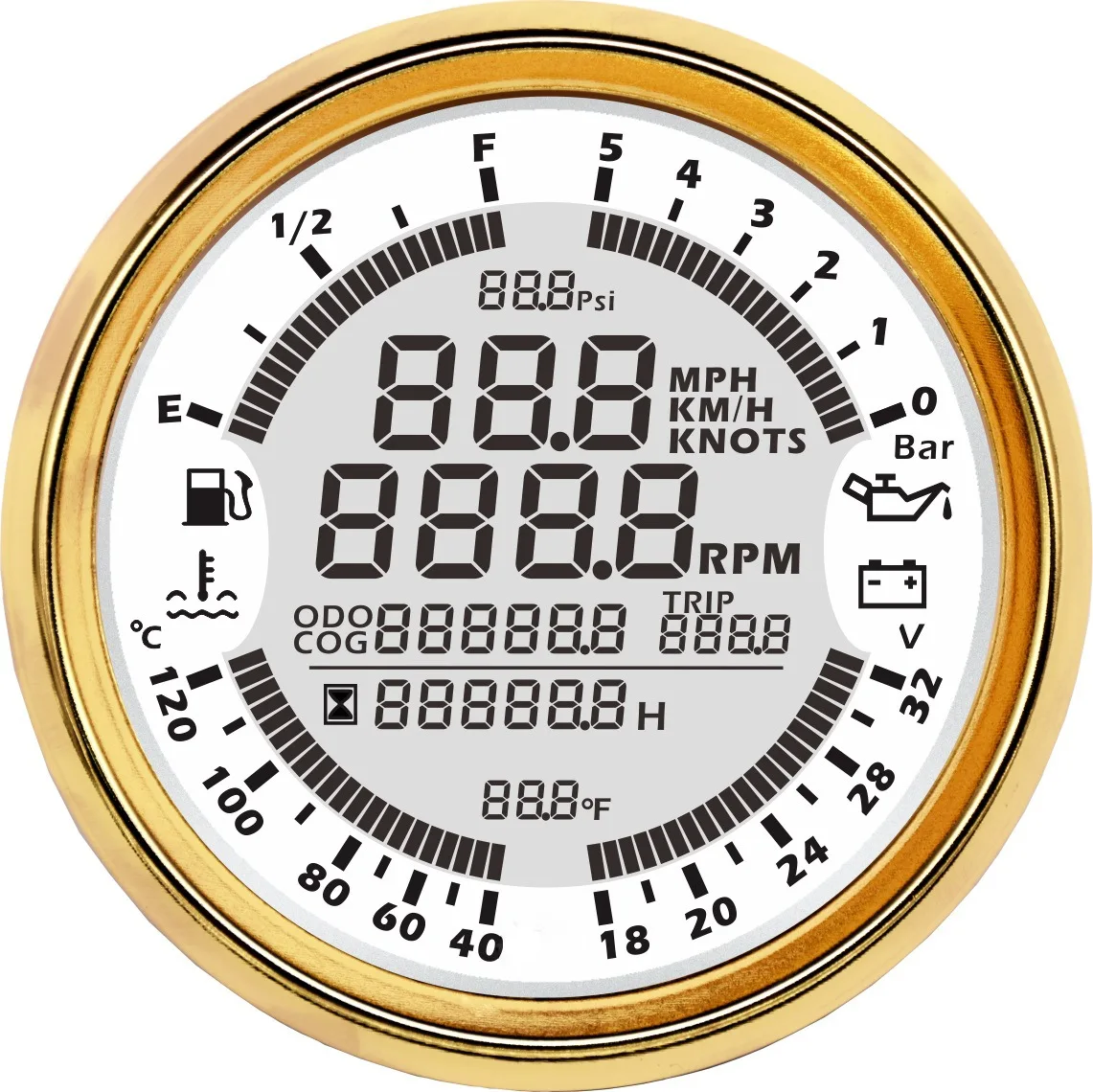 85mm Universal Oil Level, Water Temperature, Voltage, Oil Pressure, Rotational Speed, Hour Meter, GPS Speed, Mileage,