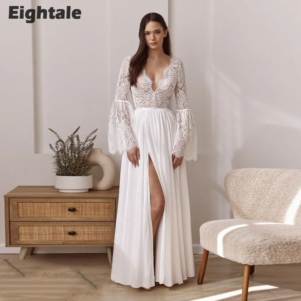 Eightale Bohemian Wedding Dress Lace Long Sleeves A-Line Bridal Gown Chiffon Side Slit Customized vestido de novia boda civil