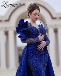 Blue Arabic Evening Dress 2024 Long Sleeve Glitter Beads Bespoke Occasion Dresses With Detachable Train Party Gowns Abendkleider