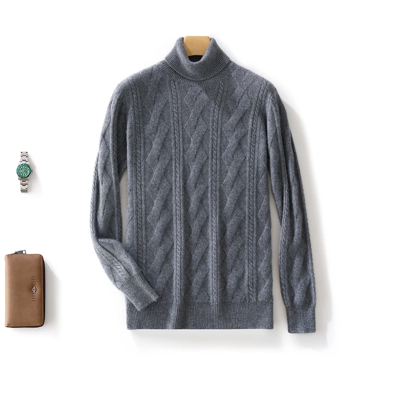 100% Merino Wool Solid Color Turtleneck Cable-Knit Sweater Long Sleeves Pullover Cashmere Men Soft Comfortable Warm Clothing Top