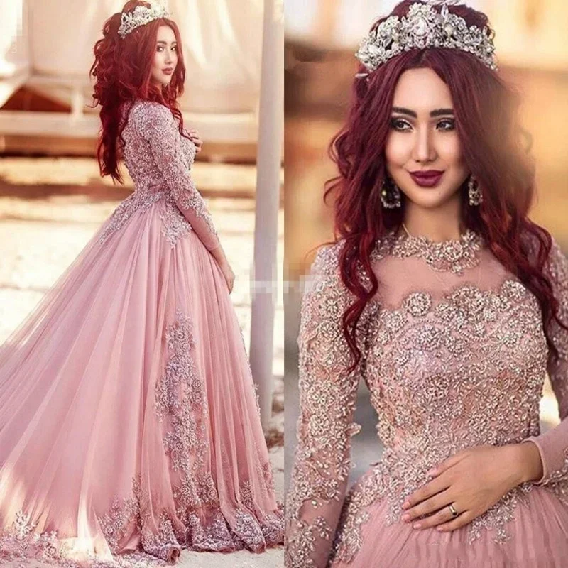 Robe de mariée musulmane à manches longues, encolure dégagée personnalisée, grande taille, rose blush, robes de patients A-ligne, train de balayage, princesse gonflée