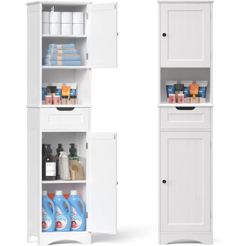 

67" H Tall Bathroom Cabinet, Storage Cabinet with 2 Doors & Drawer, Narrow Linen Tower Freestanding Adjustable Shelves fo