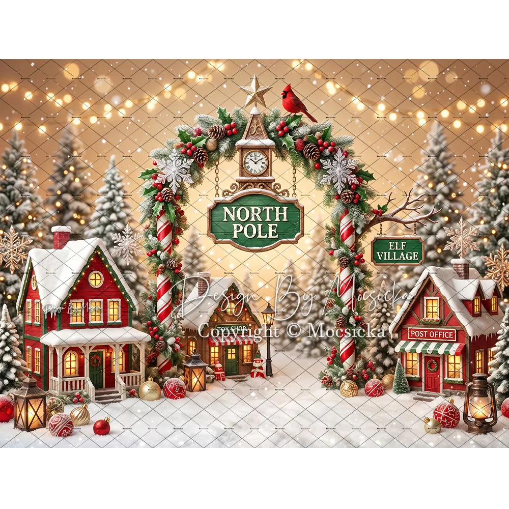 Mocsicka Backdrop Photography Christmas North Pole Village Santa Workshop Sleigh Reindeer Snowy Forest Background Photo Studio