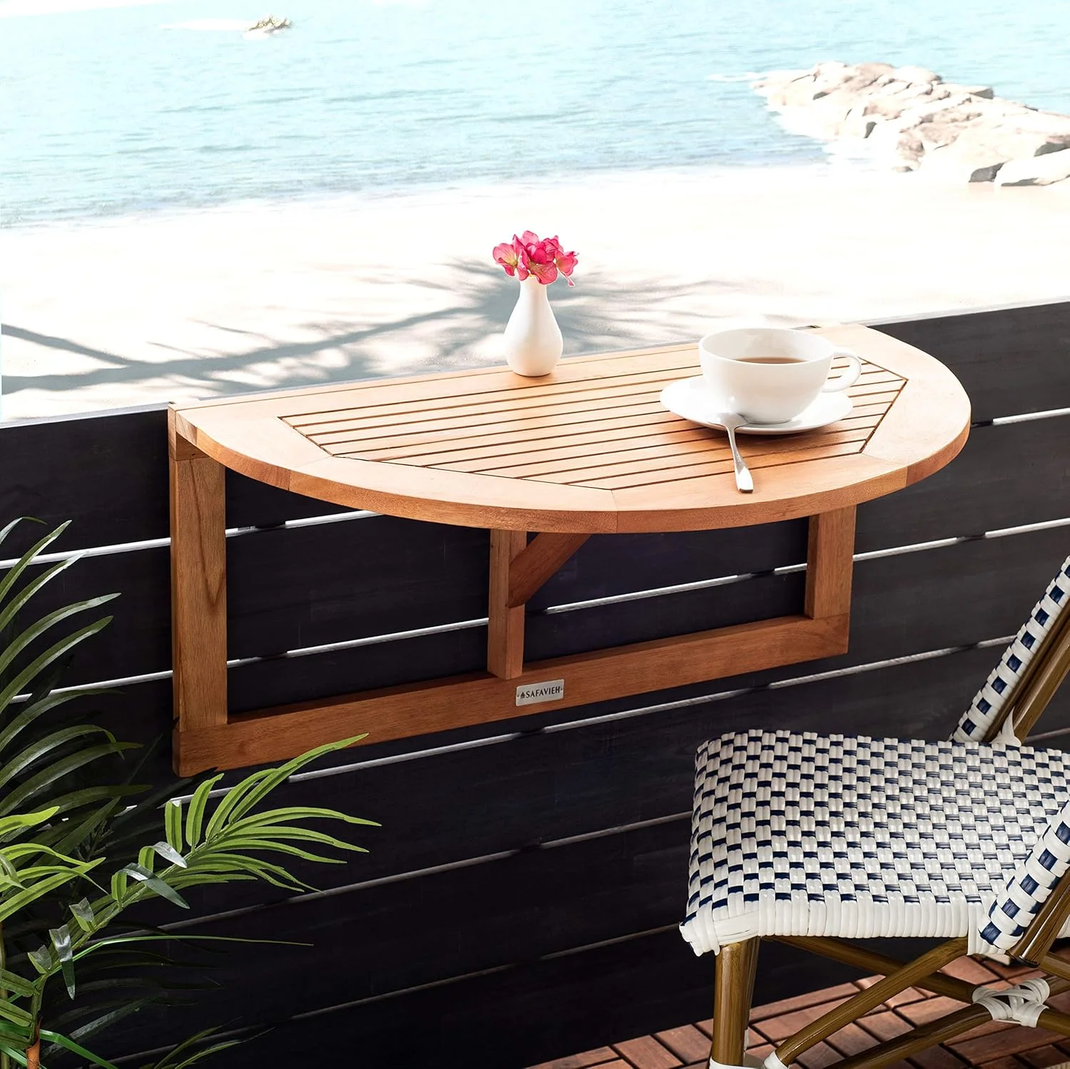 Outdoor Collection Natural Wood Balcony Hanging Half Table Balcony Wood Hanging Table Outdoor Balcony Bar Table For Railing