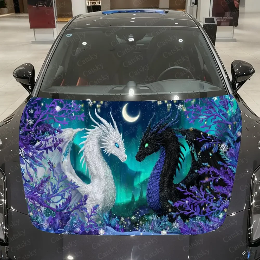 Azure Purple Forest Sky Twin Dragons Locking Eyes Car Vinyl Wrap, PVC Material Waterproof Car Hood Sticker, Self-Adhesive Scratc