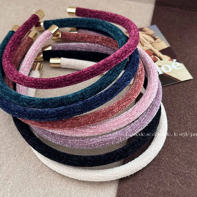 Autumn Winter Retro Textured Gold Velvet round Bar Slim Hair Hoop Women\'s New Elegant High-Grade Hair Accessories New Headband