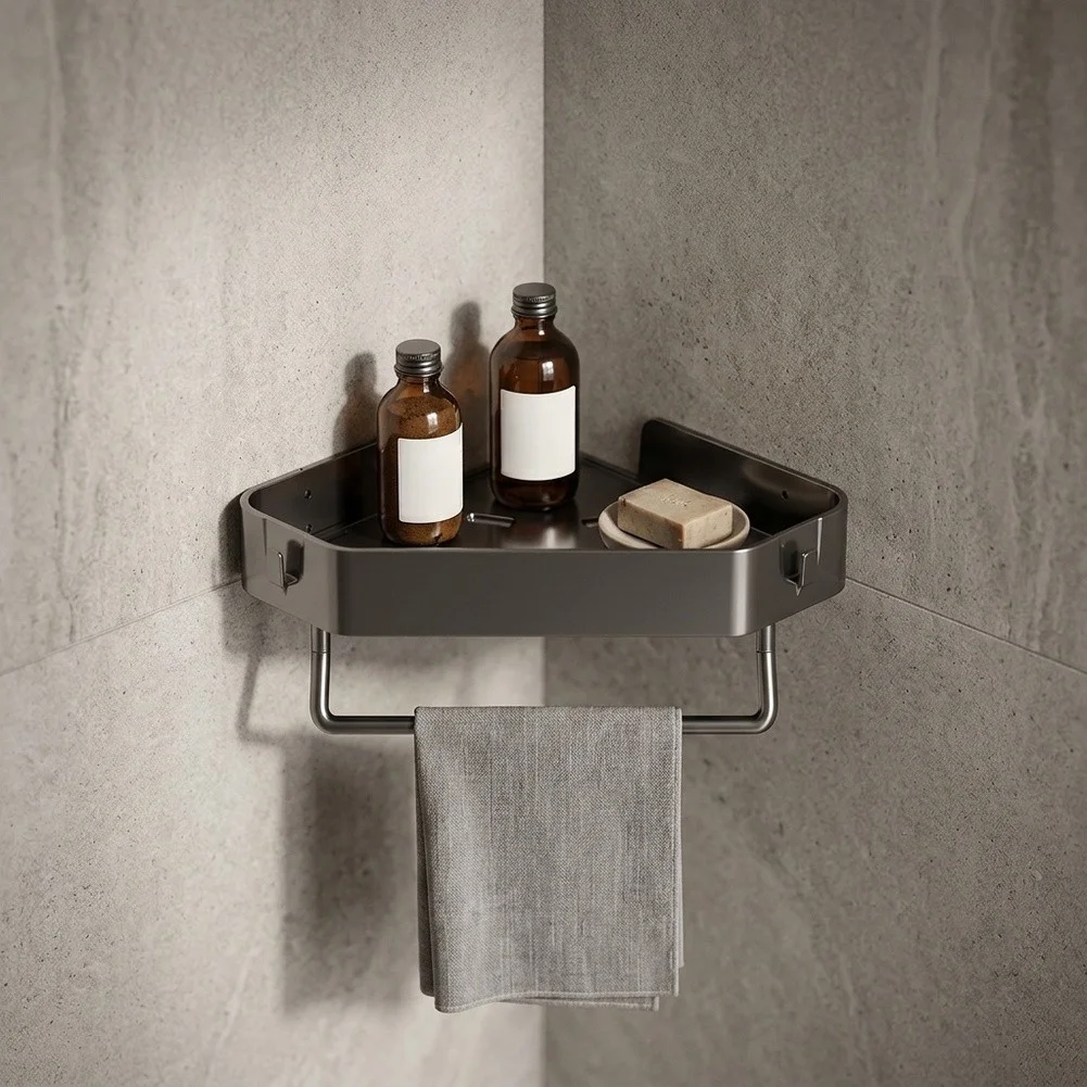 Corner Shelf for Bathroom Kitchen Shower Triangular 35x35x7cm Wall Mounted ABS Black Space Saving Drainage Design