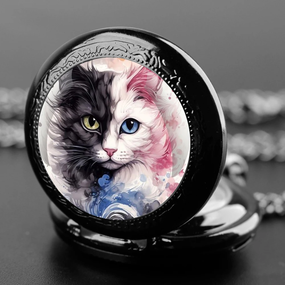 Exquisite Watercolor Cat Glass Dome Quartz Pocket Watch Arabic numeral Necklace Pendant Gifts For Women Man with Chain