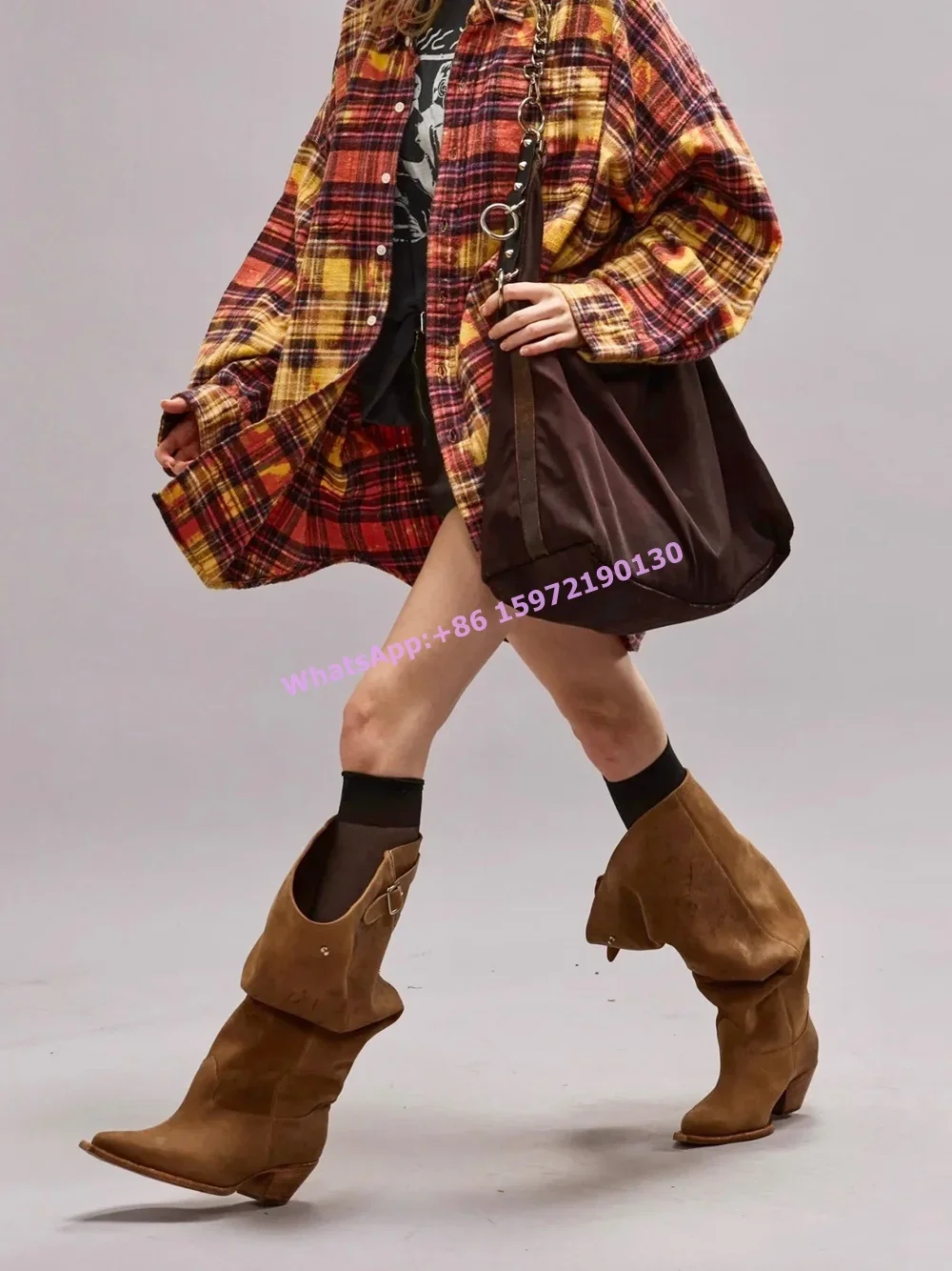 Slouch Buckle Belt Boots Chunky Heels Pointy Toe Solid Black Sewing Knight Boots Wide Calf Women's Winter Runway Boots 2025