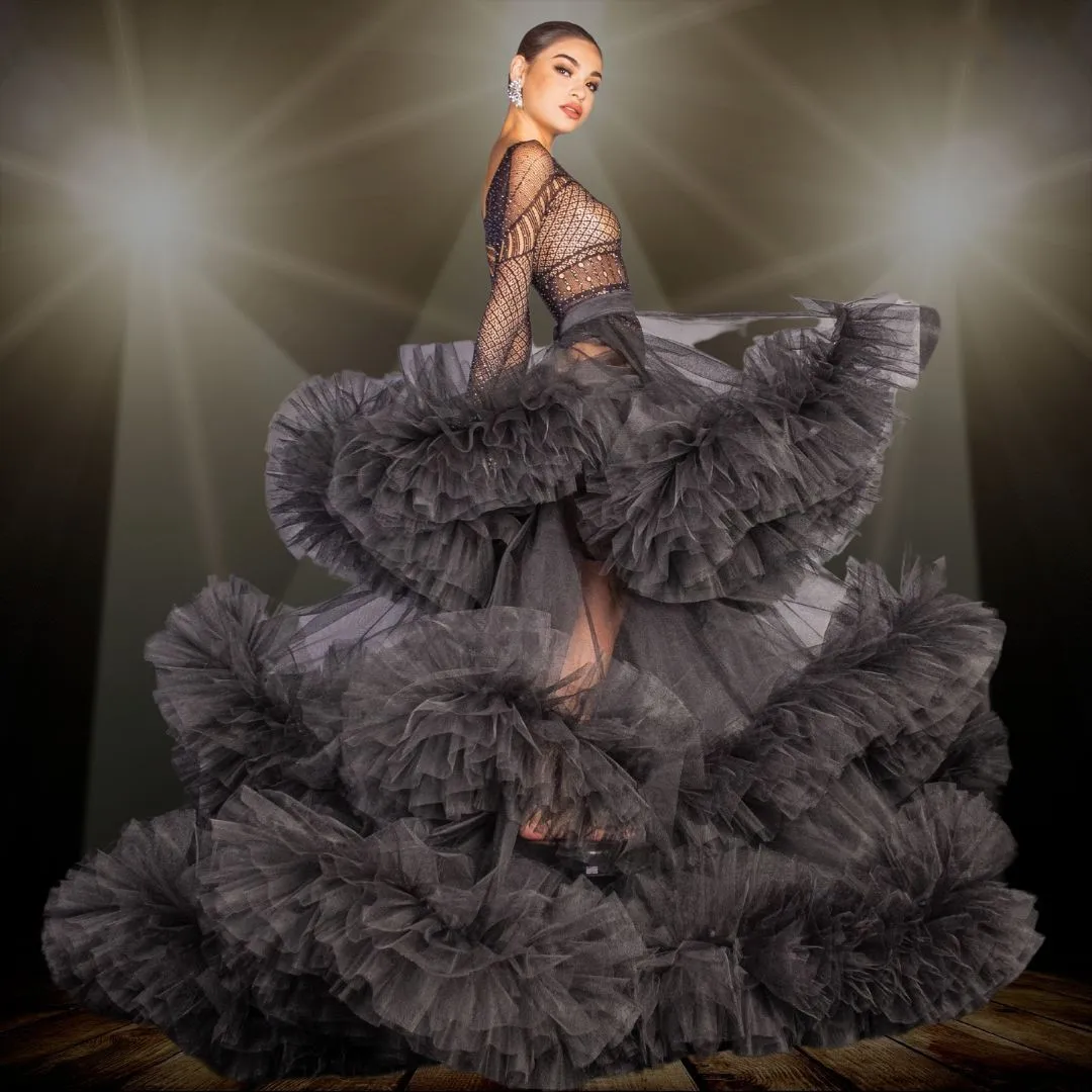 

Big Volume Ruffles Trimmed Long Detachable Train Puffy Tutu Tulle Women Overlay Skirt Costumes For Stage Show