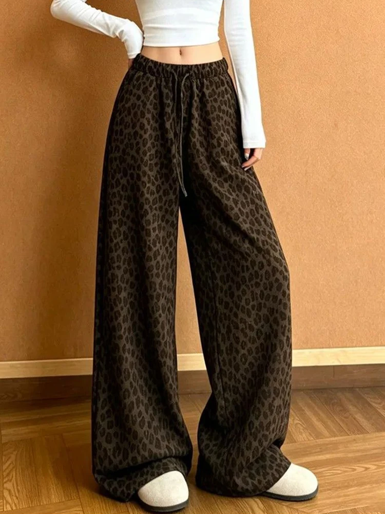 Streetwear Y2K Leopard Pant Women Loose Vintage Harajuku Hip Hop Trousers Fall Winter American Retro High Waist Wide Leg Pants