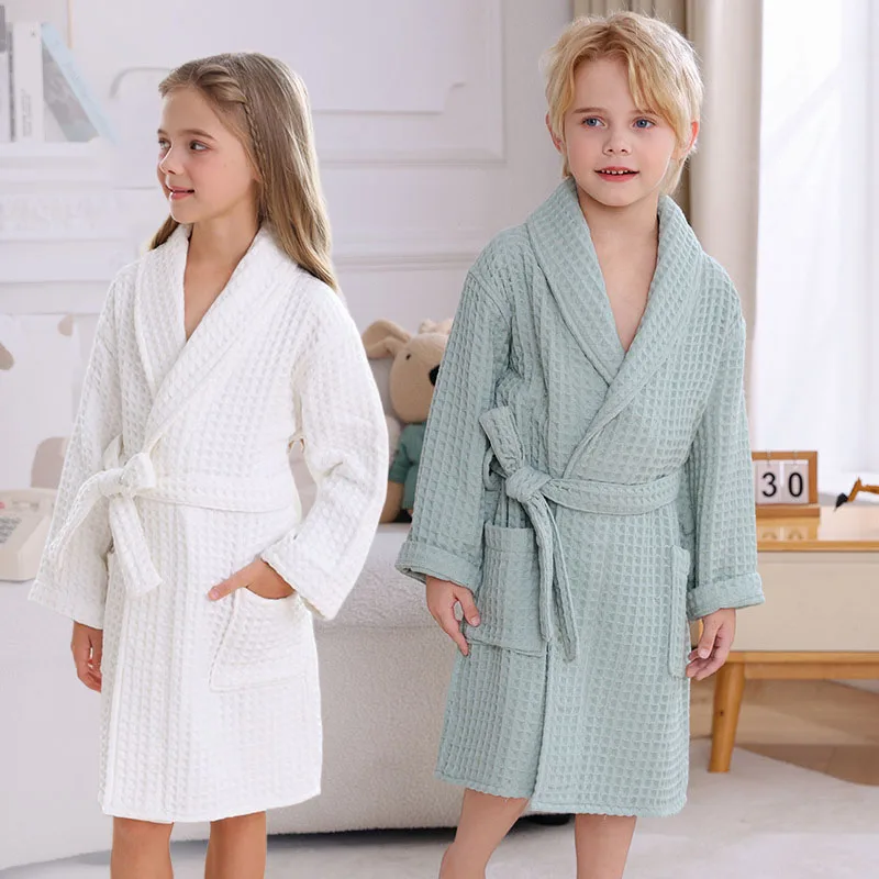 A Class 100% Cotton Waffle   Bathrobe - 2025 A/W  Kids Soft Absorbent Non-Shedding Belted Homewear After Bath Sleepwear 8-12Y