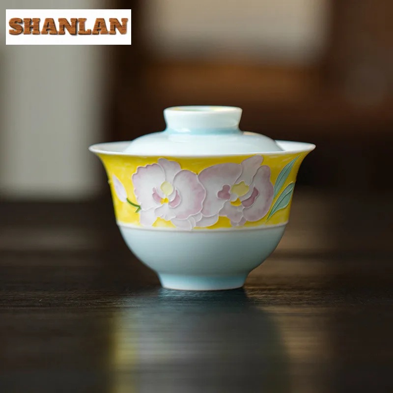 

105ml Hand-painted Hibiscus Gaiwan Retro Tea Tureen Tea Bowl With Lid Kit Tea Brewing Cover Bowl Cafes Accessories Decoration