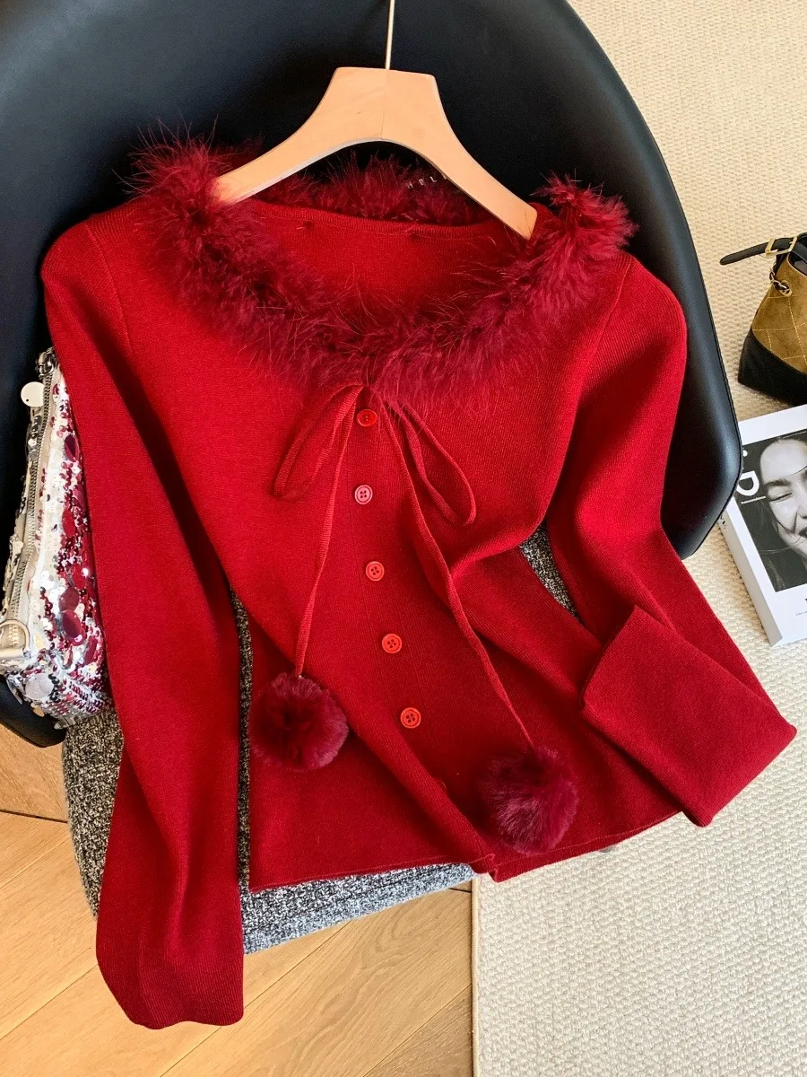 

Red Cisas Long Sve Knitted Sweater Women's Winter New Year Slimming Beautiful T-irt Korean Sle Commute Faion