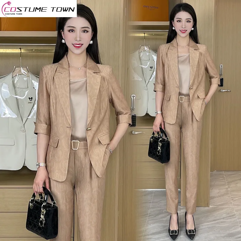 2023 Summer New Vintage Print Elegant Women's Pants Suit Casual Jacket Wide Leg Pants Two Piece Office Outfits blazer