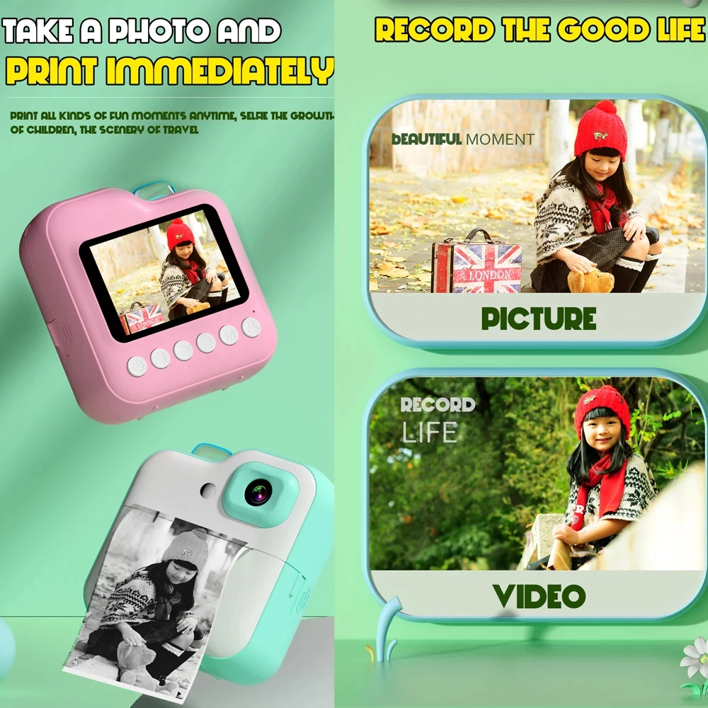 Q6 Kids Camera Instant Print Photo Mini Digital Video Camera for Kids Print Thermal Paper Educational Toys Gift