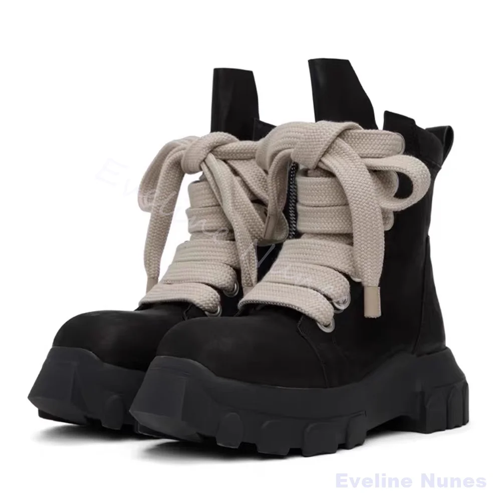 Black Matte Leather Platform Combat Boots Men Super Thick Wide Laces Side Zipper Ankle Boots Streetwear Dark Gothic Short Boots