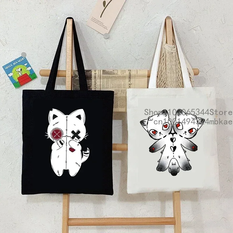 Gothic Horror Cat Pattern Canvas Tote Bag Women Men Reusable Shopper Bag Harajuku Fashion Hip Hop Animal Kitten Shoulder Handbag