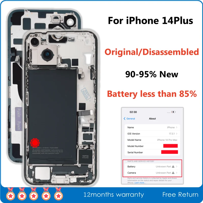 90-95% New Disassembled Middle Frame Housing Back Cover For iPhone 14 Plus with Battery Rear Camera Assembly Slight Scratches