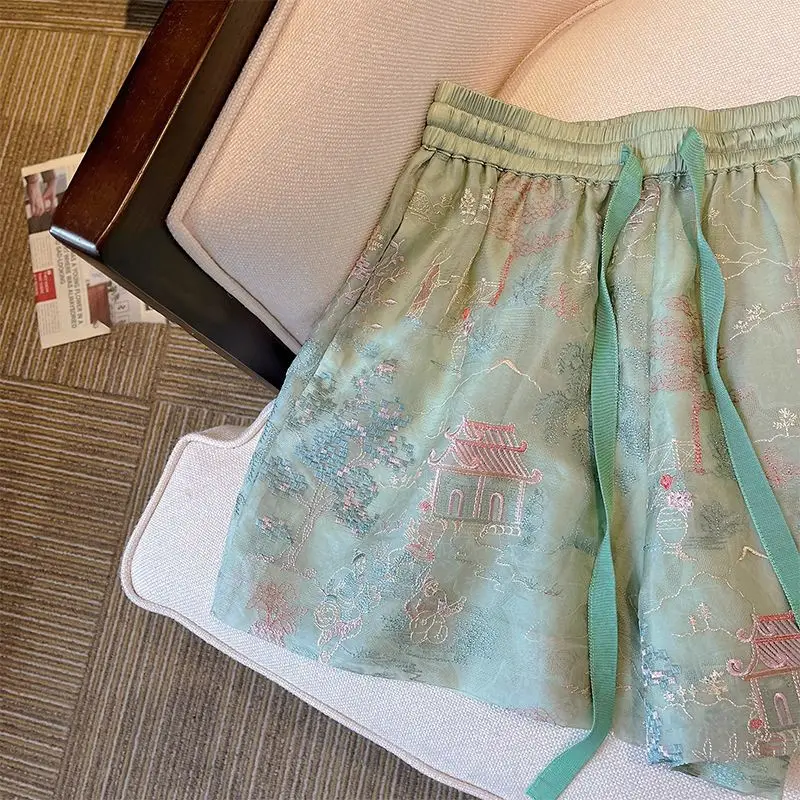 New Chinese Style Green Temperament Retro Embroidery Loose Women's Summer Mesh Jacquard Casual Shorts