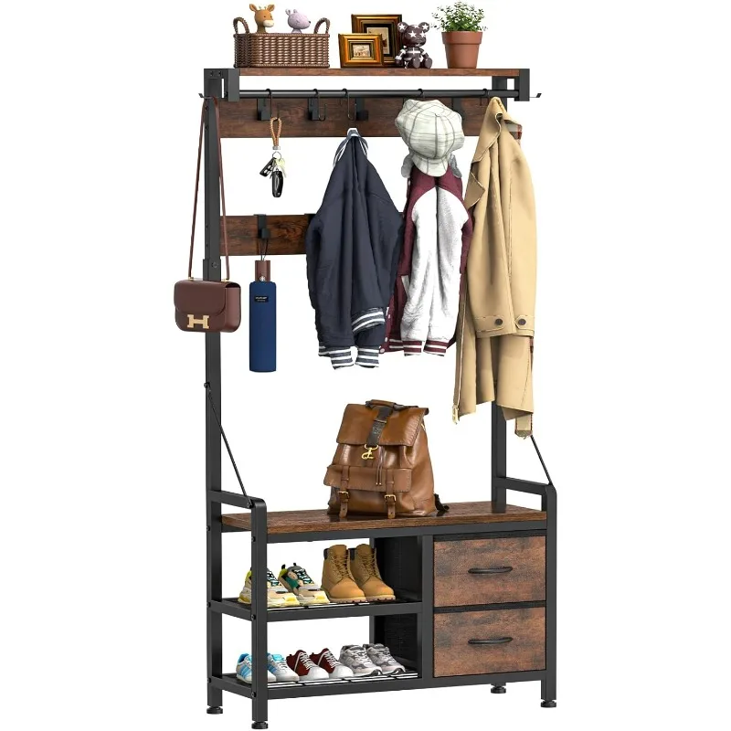 31.5” Entryway Bench with Coat Rack freestanding, 5 in 1 Intelligent Design Shoe Bench and Wall Rack 17 Hooks and Drawers