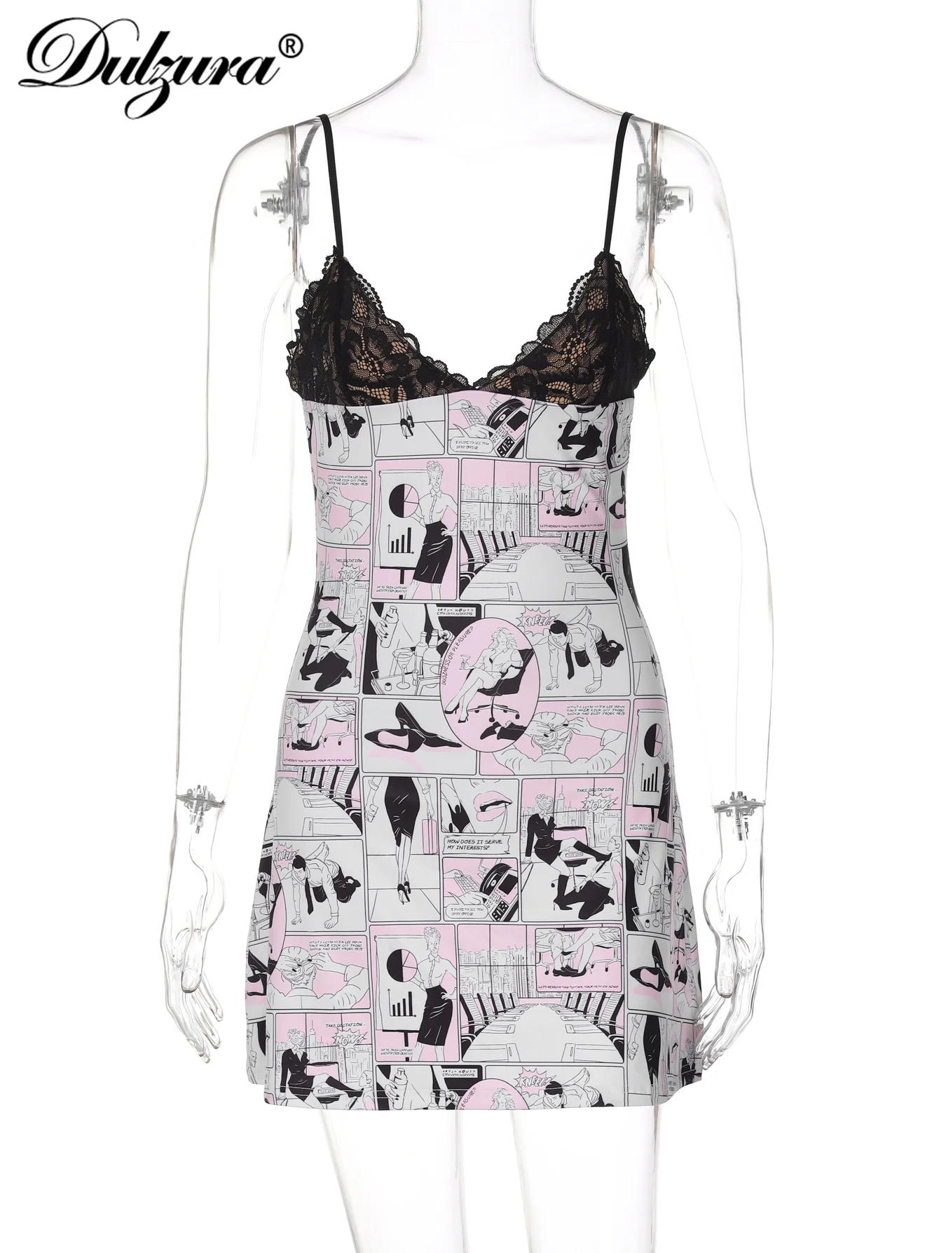 Dulzura-女性のためのノースリーブレースパッチワークミニドレス、漫画プリントのキャミ、パーティークラブウェアのためのセクシーな衣装、秋と冬の服