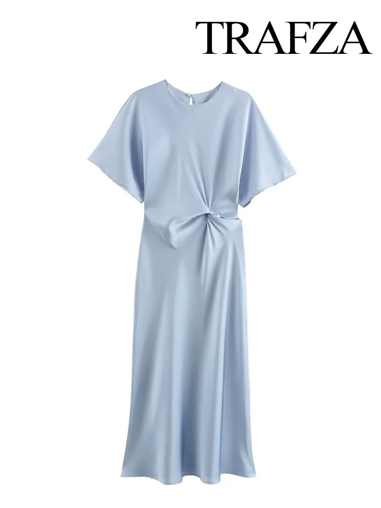 TRAFZA Women Summer Chic Blue Dress Knot Satin Texture O-Neck Slim Midi Dress Woman Elegant Short Sleeve Beach Party Dress