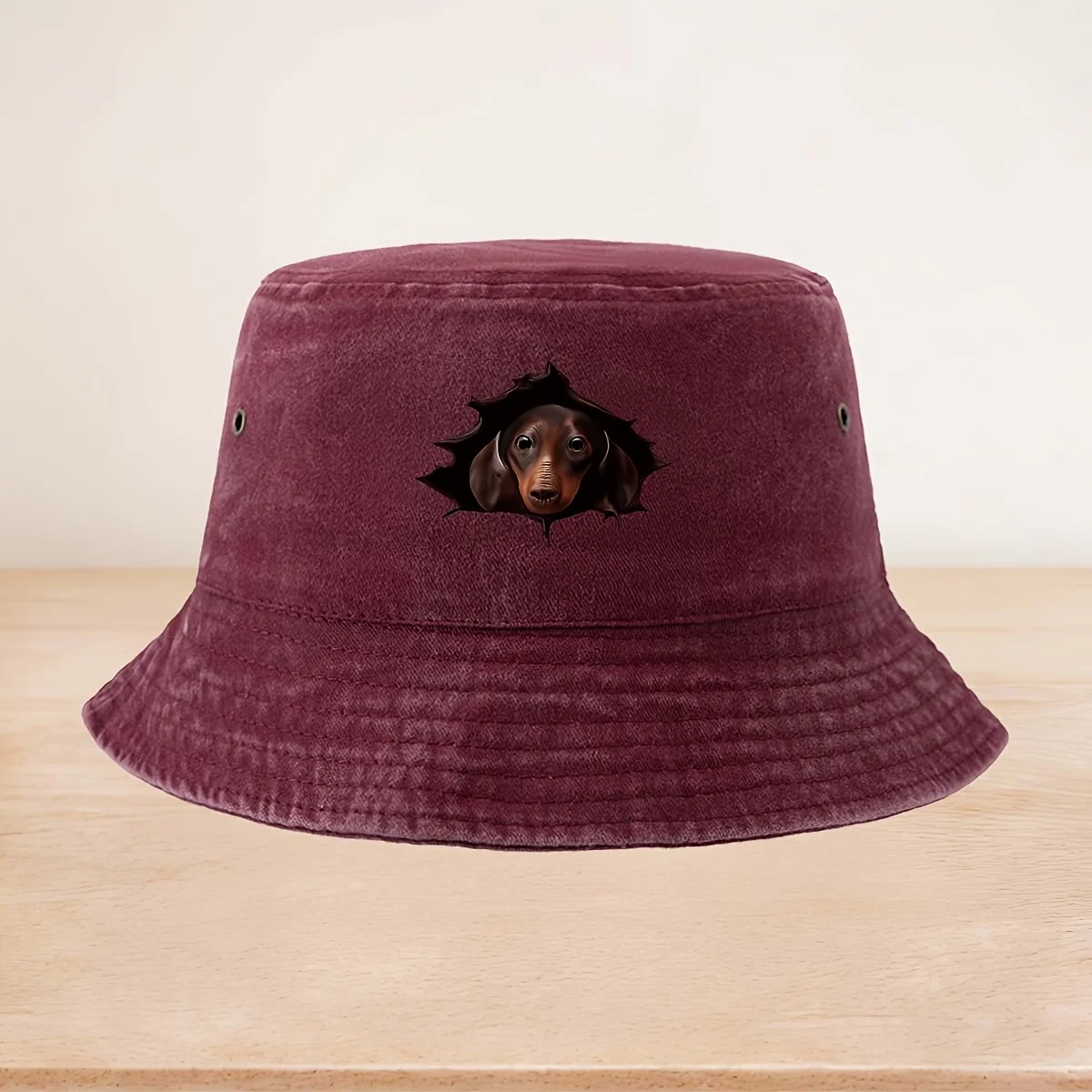 A Fisherman Hat with a Dachshund Peeking Out from a Torn Pattern, a Versatile Bucket Hat for Camping and Casual Wear, Suitable f