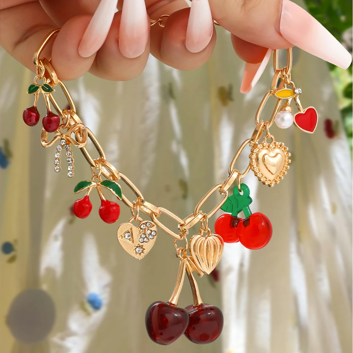 1pc Handmade Cherry Bow Heart Charm Bracelet, Golden Color Chunky Chain, Fashionable Cherry Bracelet Jewelry, Spring/Summer