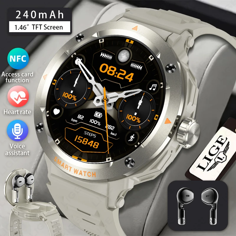 

LIGE New 2 IN 1 Smart Watch TWS Earphones NFC Heart Rate Blood Oxygen Fitness Tracker Sports Watch Bluetooth Call Smartwatch Men