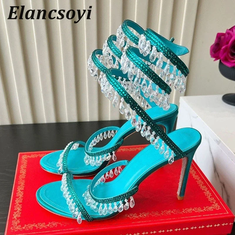Thin High Heels Sandals Women's Bling Crystal Tassel Pendant Snake Shaped Winding Party Shoes Summer Sexy Gladiator Sandalias