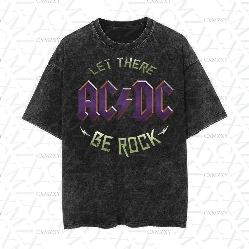 

Summer new ACDC band rock punk retro old washed printed short-sleeved T-shirt