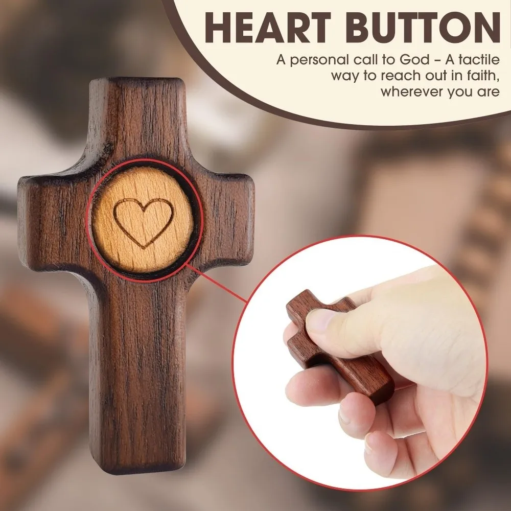 Walnut Wood Wooden Cross Spiritual Symbols Heart Pattern Handheld Crucifix Stress Relief Multi-functional Pocket Crosses
