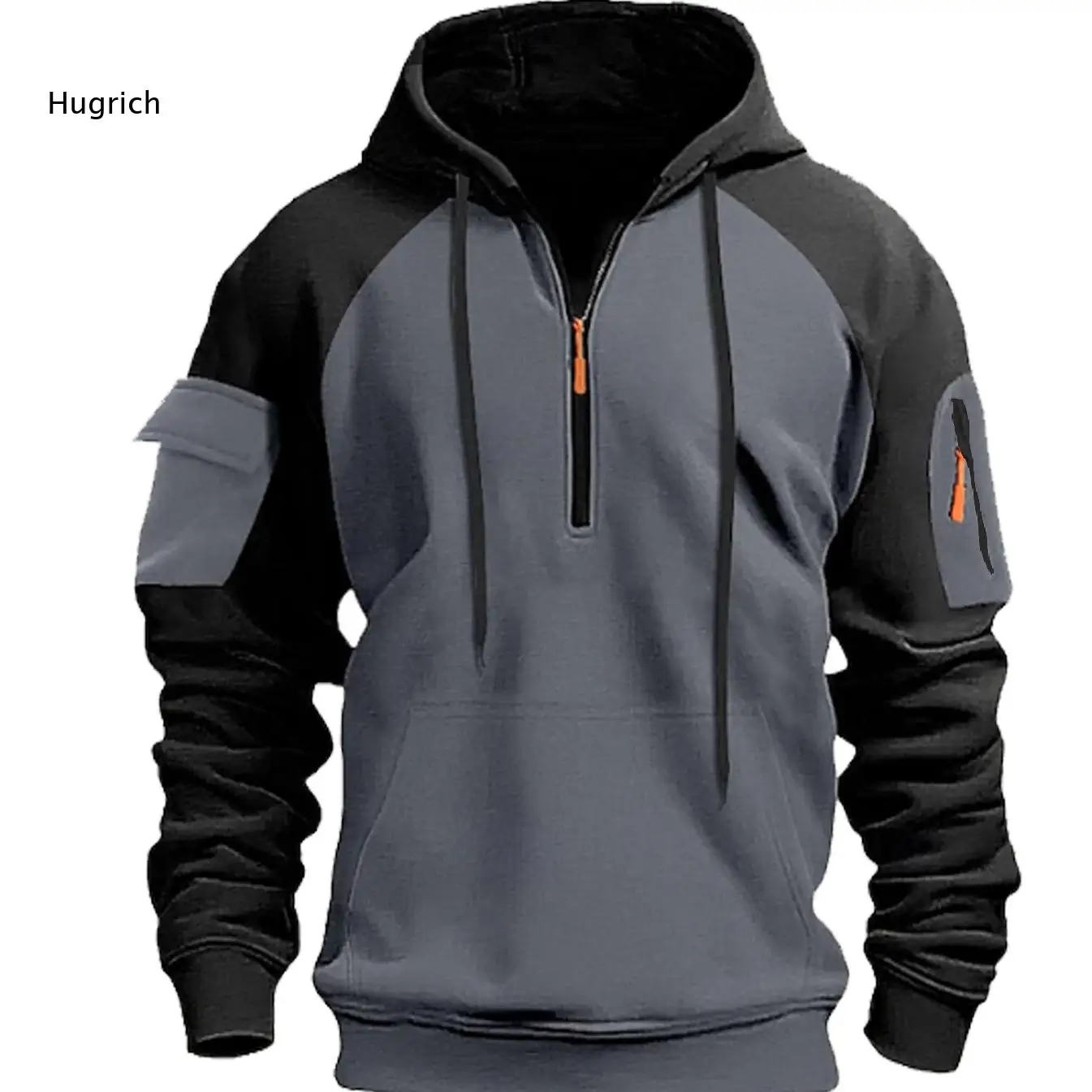 Mens Grey Black Splicing Quarter Zip Hoodie Drawstring Closure Front Kangaroo Pocket Arm Utility Pockets Outdoor Casual