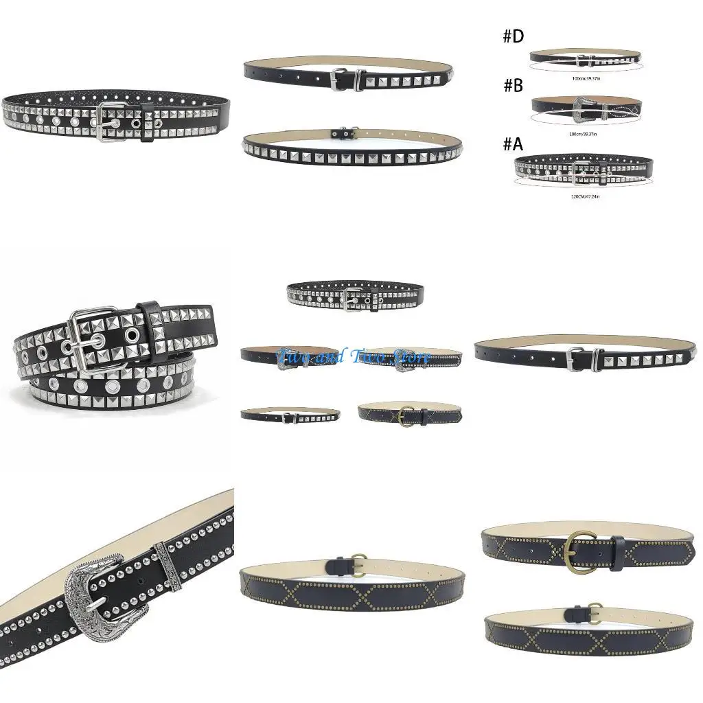 HX6F 여성을위한 인기있는 핀 버클 PU 가죽 벨트 모든 일치하는 리벳 박힌 허리 벨트 바지 청바지에 대한 패션 허리띠