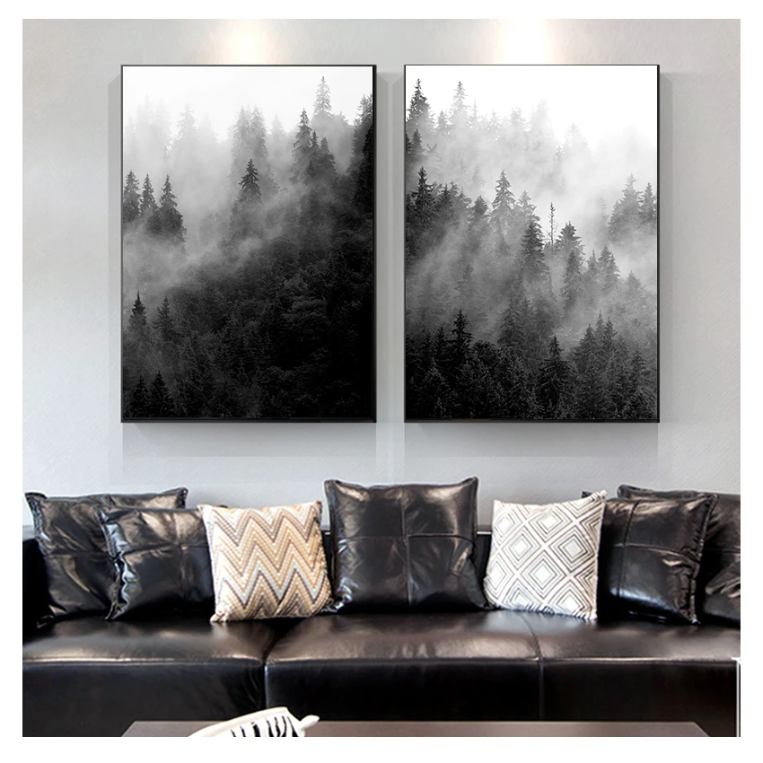 Schwarz-Weiß-Baumposter, Nebelwald-Landschaft, Leinwandbild, Wandbild, Wohnzimmer-Dekoration, Naturdrucke, Kunst