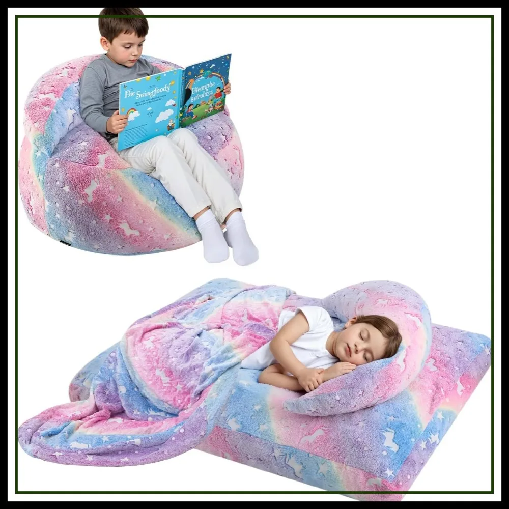 COMAX Convertible Bean Bag Chair Bed, Unicorn Toddler Floor Mattress with Filler, Rainbow