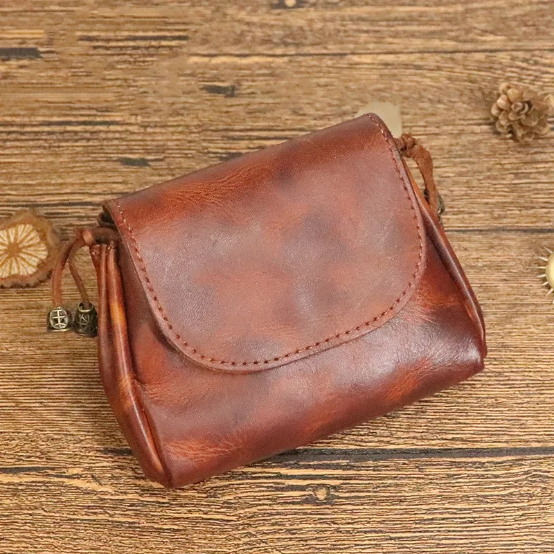 Vintage Coin Purse Men Women Genuine Leather Casual Small Coin Wallet Hard Leather Money Pocket Drawstring Storage Bag