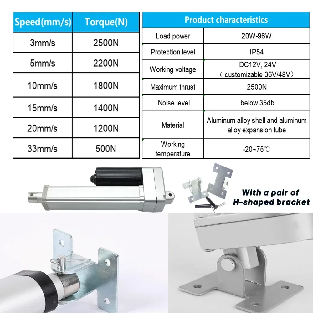 HighThrust 2500N Linear Actuator Silent Electric Cylinder Push Rod DC12/24V Reciprocating Motor For Industrial Automation 33mm/s