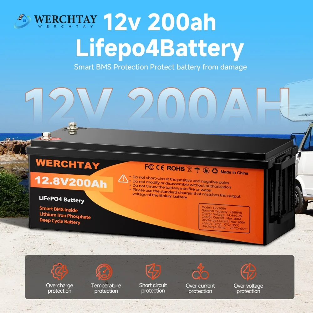 WERCHTAY LiFePO4 12V Battery with BMS 25000 Cycles 100A 200A Lithium Battery for Motorhome Solar Sys