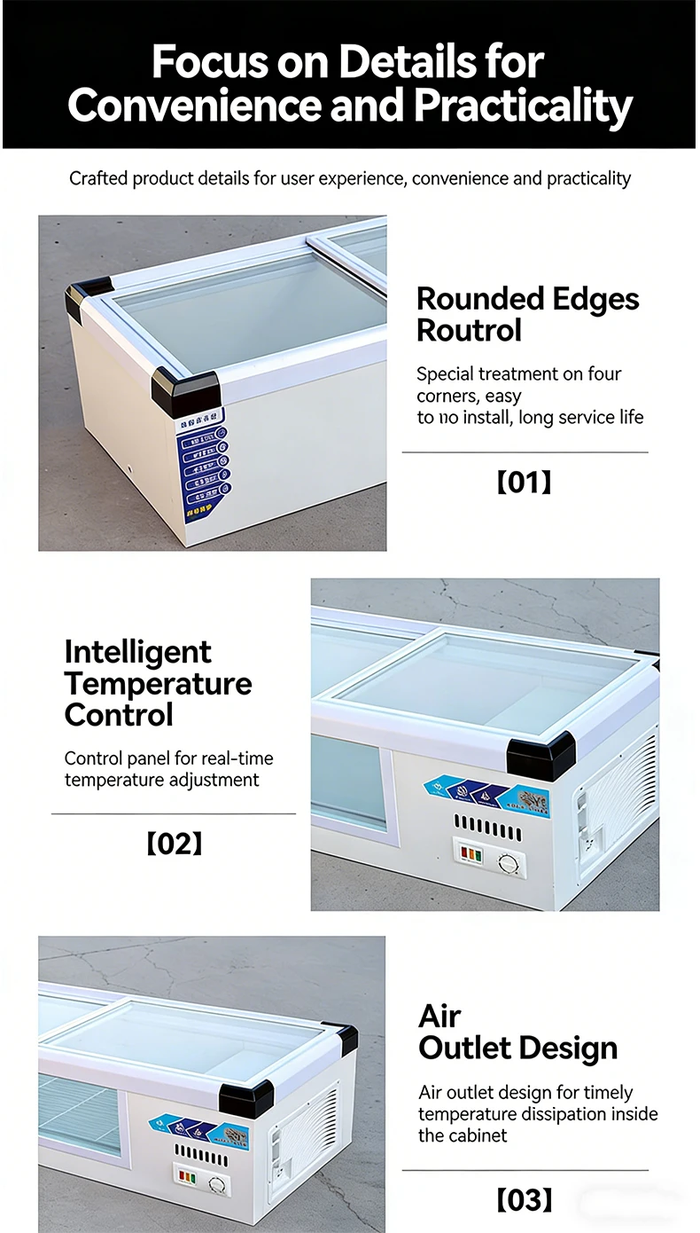 Kitchen commercial display freezer with sliding door, digital temperature control, eco mode
