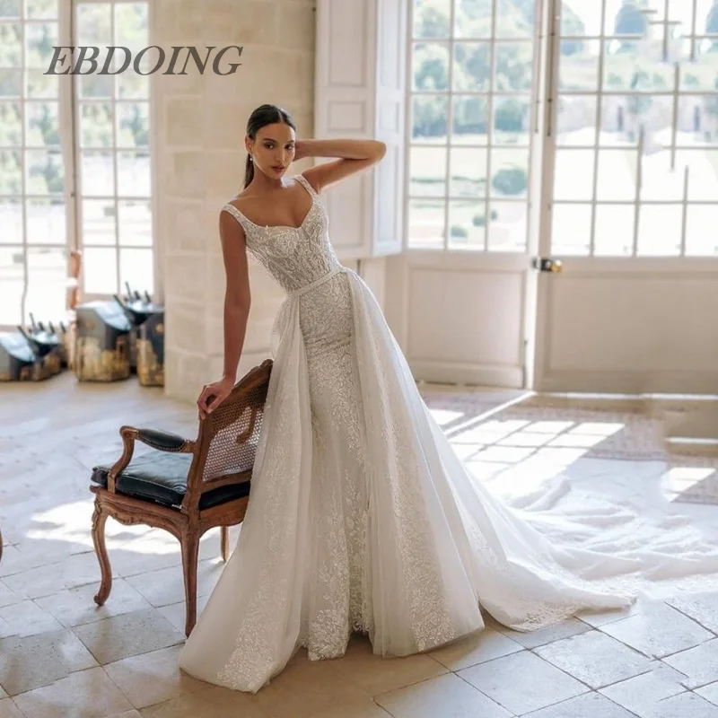 EBDOING Wedding Dress Mermaid Lace 2 in 1 Sleeveless With Long Open Back Customized Bride Gowns